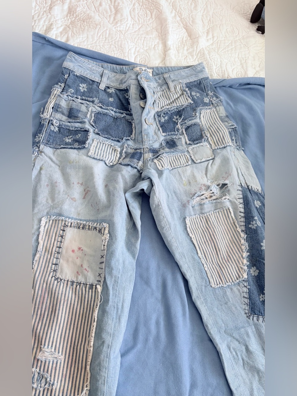 We The Free Patchwork Mixed-Denim Boyfriend Jeans in Light & Dark Blue - Picture 3 of 7